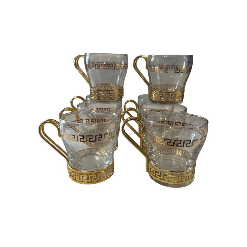 Set of 8 Vintage Libbey Glass gold Greek Key 8 ounce handled glasses